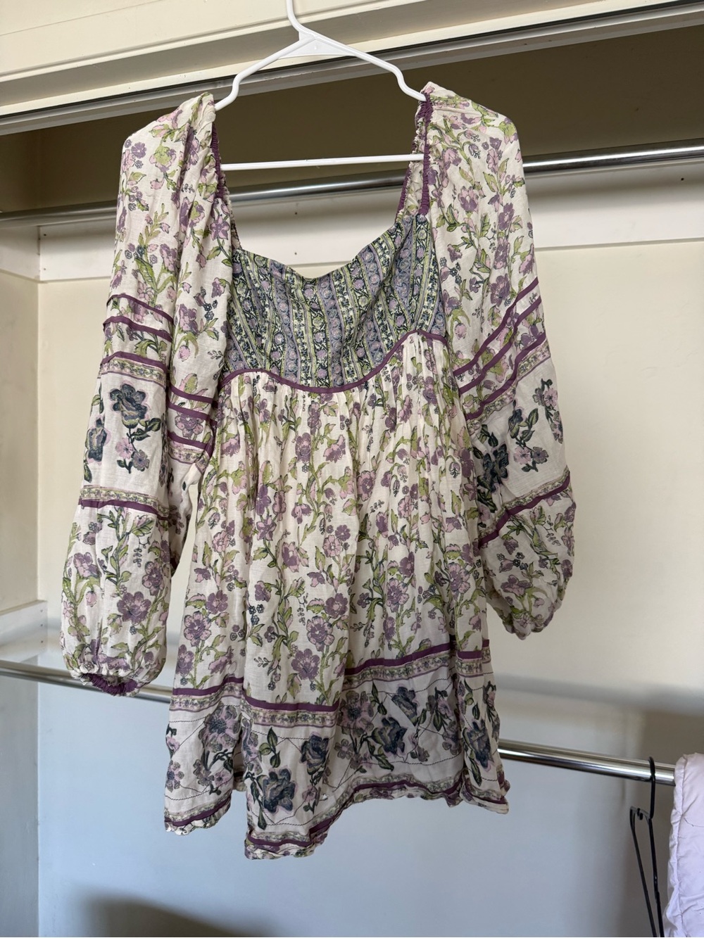 Free People Ivory Floral Mini Dress with Lavender and Green Print